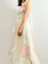 Load image into Gallery viewer, Vintage Late 1940s white organza dress with pink embroidered flowers
