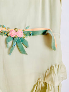 Vintage 1920s Melon Green Silk Dress w Ribbonwork Flowers Velvet Belt