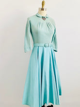 Load image into Gallery viewer, 1960s Turquoise Seafoam Blue Light Wool Dress w Matching Belt Peter Pan Collar
