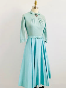 1960s Turquoise Seafoam Blue Light Wool Dress w Matching Belt Peter Pan Collar