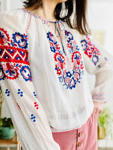 Vintage 1930s Hungarian Top Cotton Embroidered Peasant Blouse