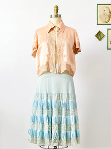 Vintage pastel blue ruched lace skirt