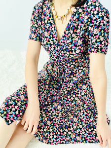 Vintage colorful floral rayon dress w waist ties