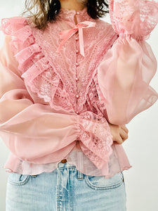Vintage 1970s victorian style pink lace blouse