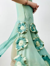 Load image into Gallery viewer, Vintage 1920s green silk dress with ruched velvet flowers

