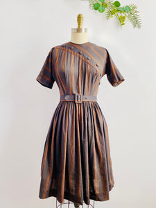 1950s Brown Striped Dress with Buttons Fall Dress Matching Belt
