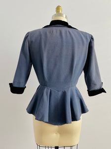Vintage 1940s blue peplum jacket with black velvet
