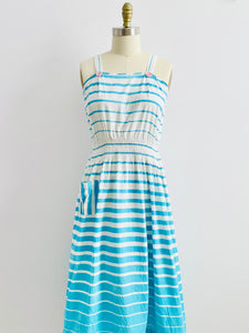 Vintage Blue Striped Dress w Pink Buttons Side Pocket