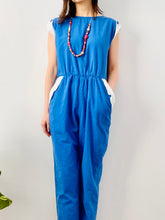 Load image into Gallery viewer, Vintage 1970s navy blue overalls cotton chore jumpsuit
