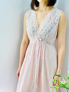 vintage 1940s pink lingerie lace night gown on model 