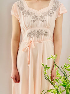 1930s Peach Rayon Lingerie dress w Sweet Embroidery Cap Sleeves