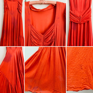 Vintage 1930s coral color ruched silk dress with puff sleeves