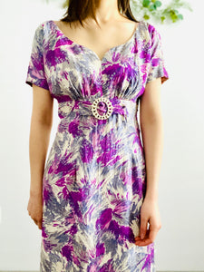 Vintage 1950s purple abstract floral dress with celluloid buckle