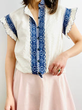 Load image into Gallery viewer, Vintage 1960s Blue Embroidered Top w Scalloped Edging
