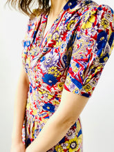 Load image into Gallery viewer, Vintage 1930s rayon jersey floral dress structured shoulders waist ties
