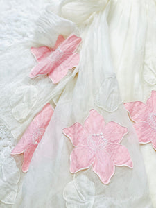 Vintage Late 1940s white organza dress with pink embroidered flowers