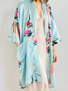 Vintage Pastel Blue Kimono with Peacocks Cherry Blossoms
