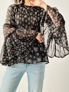 Black floral blouse with bell sleeves
