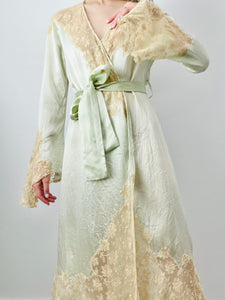 Vintage 1930s pastel mint green satin lace dressing gown