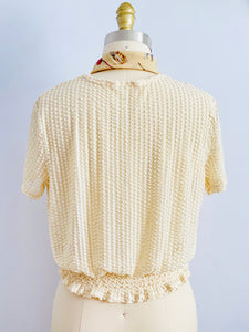 Vintage Beige Color Semi Sheer Striped Top Ruched Waist