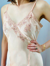 Load image into Gallery viewer, Beaded sequins and lace detail on a 1930s silk satin gown
