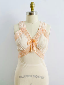 1930s Peach Color Bias Cut Lingerie Gown with Eyelet Lace Ribbon Bow