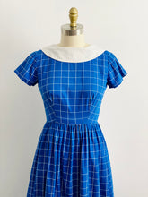 Load image into Gallery viewer, Vintage 1940s navy blue plaid dress with oversized ribbon bow
