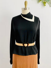 Load image into Gallery viewer, 1940s Black Rayon Top w Balloon Sleeves and Unusual Collar
