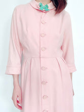 Load image into Gallery viewer, Vintage 1940s Pastel Pink Buttoned Up Dress w Blue Velvet Bow
