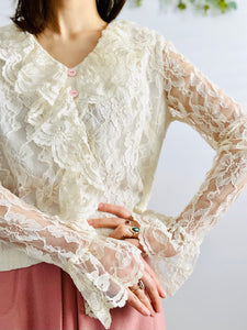Vintage 1970s tulle lace blouse with ruffled collar and sleeves