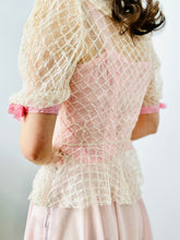 Load image into Gallery viewer, Vintage 1930s tulle lace mesh top w pink ribbon bows
