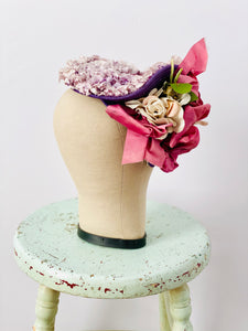 Vintage 1930s lilac blossom millinery hat with pink ribbon