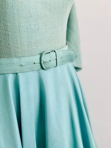 1960s Turquoise Seafoam Blue Light Wool Dress w Matching Belt Peter Pan Collar