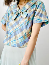 Load image into Gallery viewer, Vintage 1950s pastel blue plaid top w ribbon bow
