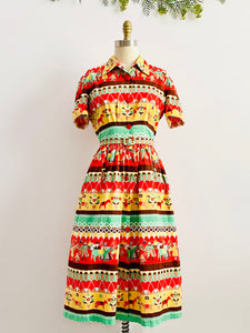 Vintage 1940s colorful pilgrim novelty print dress