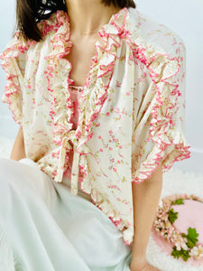 Vintage 1920s ruched pink floral boudoir bed jacket