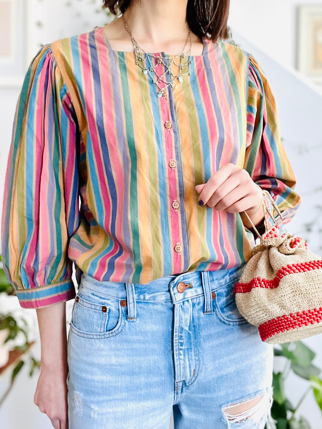 Vintage rainbow stripes blouse w balloon sleeves