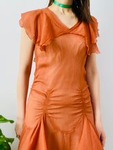 Load image into Gallery viewer, Vintage 1920s orange silk chiffon ruched dress w ribbon bow
