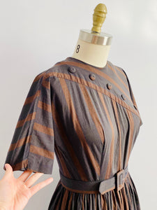 1950s Brown Striped Dress with Buttons Fall Dress Matching Belt