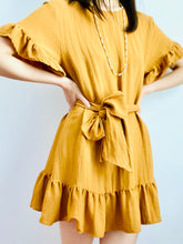 Load image into Gallery viewer, Mustard color ruffled mini dress w ribbon bow
