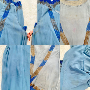 Vintage 1920s Art Deco blue silk beaded flapper dress