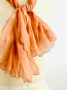 Vintage 1930s peach color silk scarf with scalloped edge