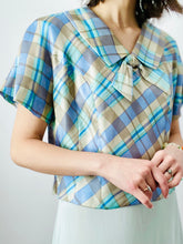 Load image into Gallery viewer, Vintage 1950s pastel blue plaid top w ribbon bow
