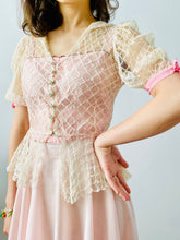 Load image into Gallery viewer, Vintage 1930s tulle lace mesh top w pink ribbon bows
