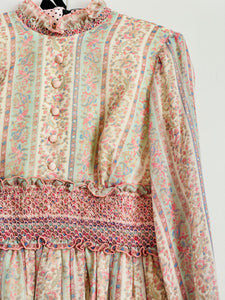 Vintage 1970s ruched floral maxi cotton dress