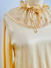 Load image into Gallery viewer, lace collar of a vintage beige color satin blouse

