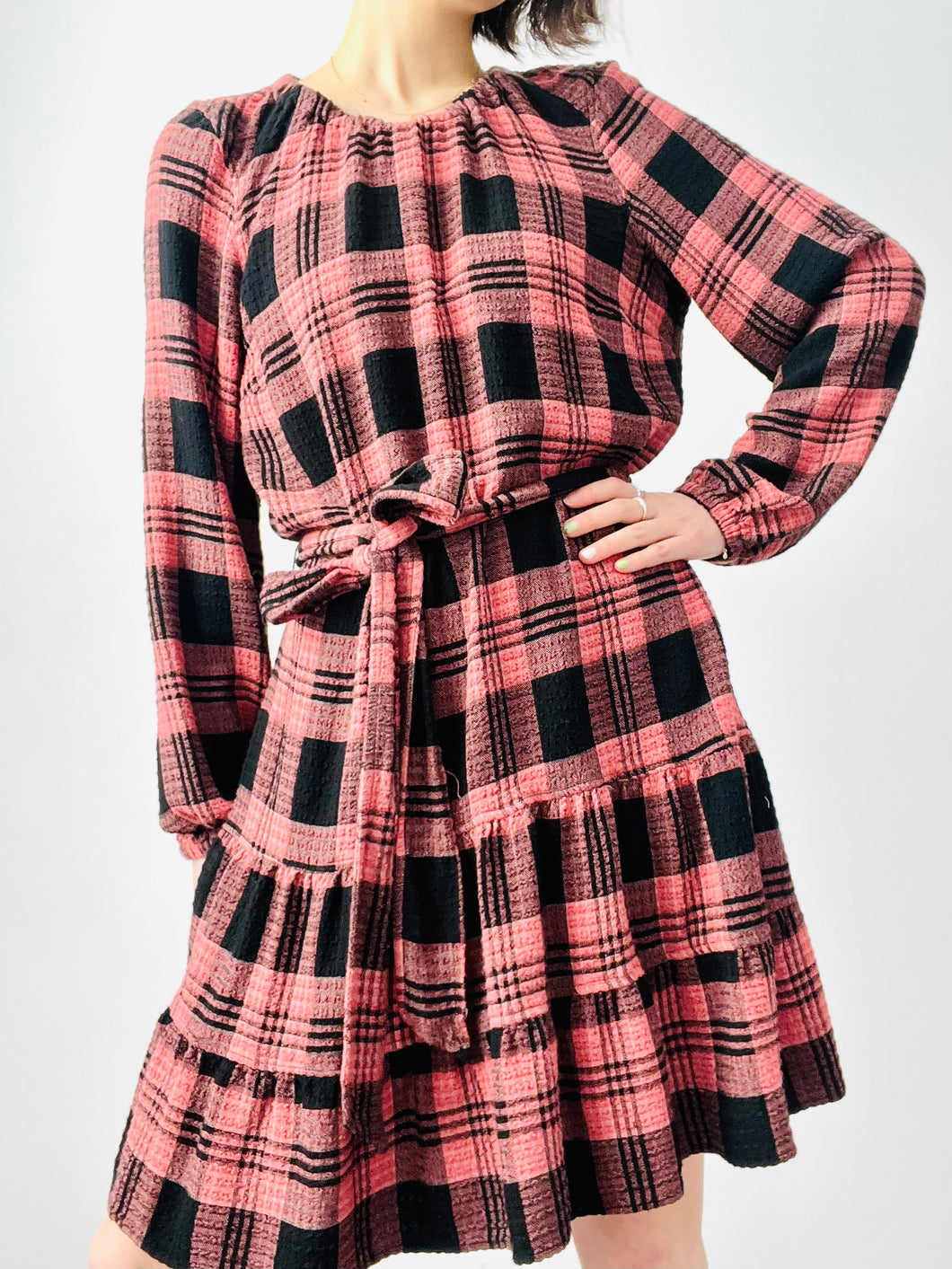 Pink and black babydoll plaid dress