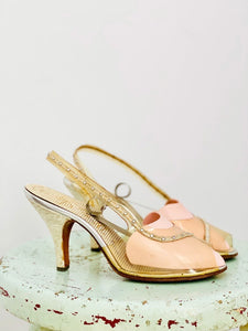 Vintage 1940s Rhinestones Lucite Heels/ Vintage Clear Slingback Shoes