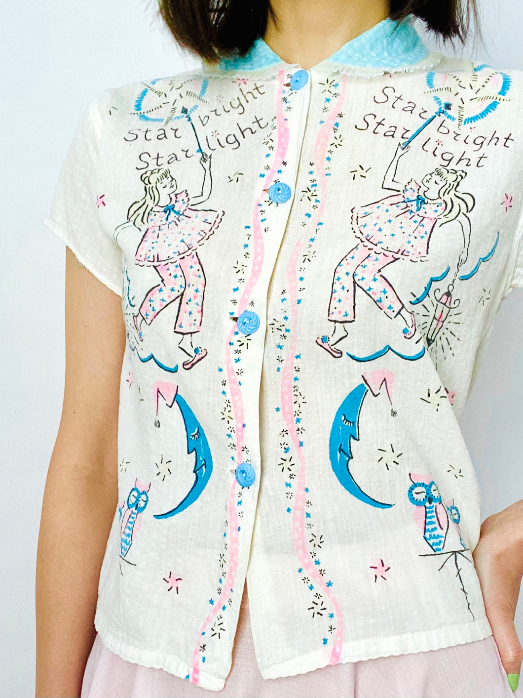 Vintage cotton lady and stars novelty print top