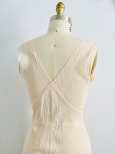 1930s Peach Color Bias Cut Lingerie Gown with Eyelet Lace Ribbon Bow